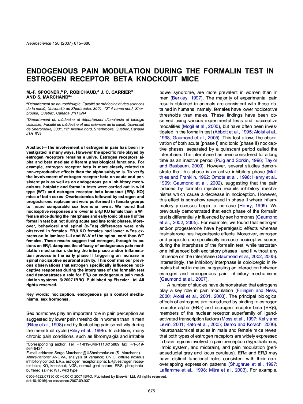 Endogenous pain modulation during the formalin test in estrogen receptor beta knockout mice