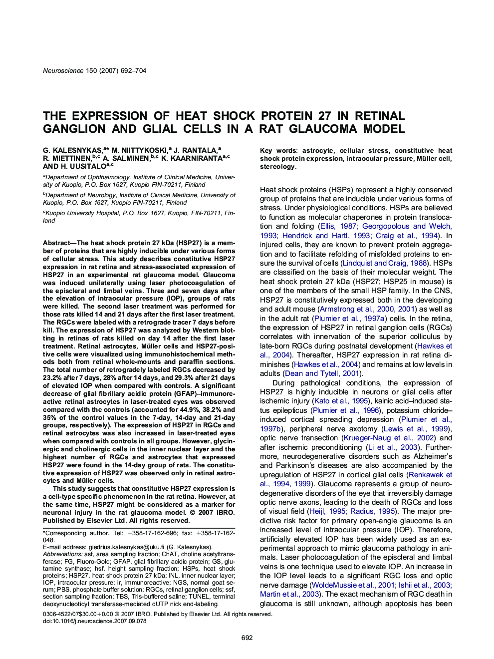 The expression of heat shock protein 27 in retinal ganglion and glial cells in a rat glaucoma model