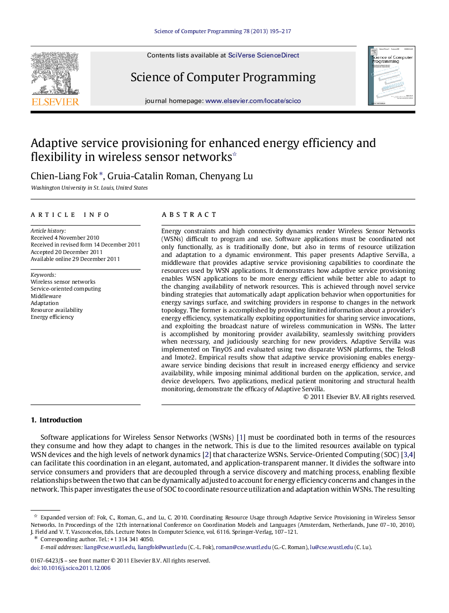 Adaptive service provisioning for enhanced energy efficiency and flexibility in wireless sensor networks 