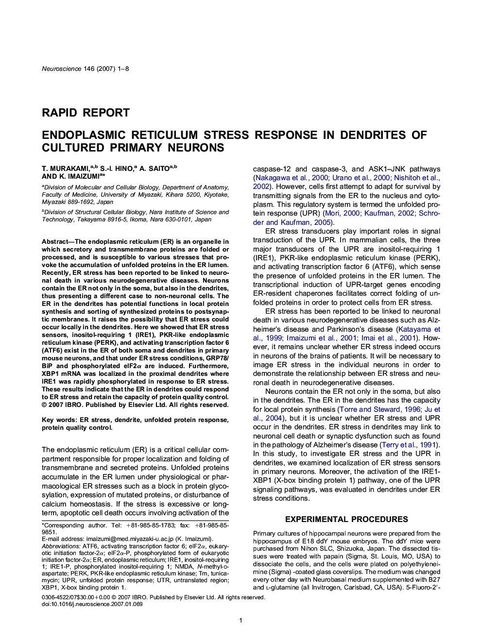 Endoplasmic reticulum stress response in dendrites of cultured primary neurons