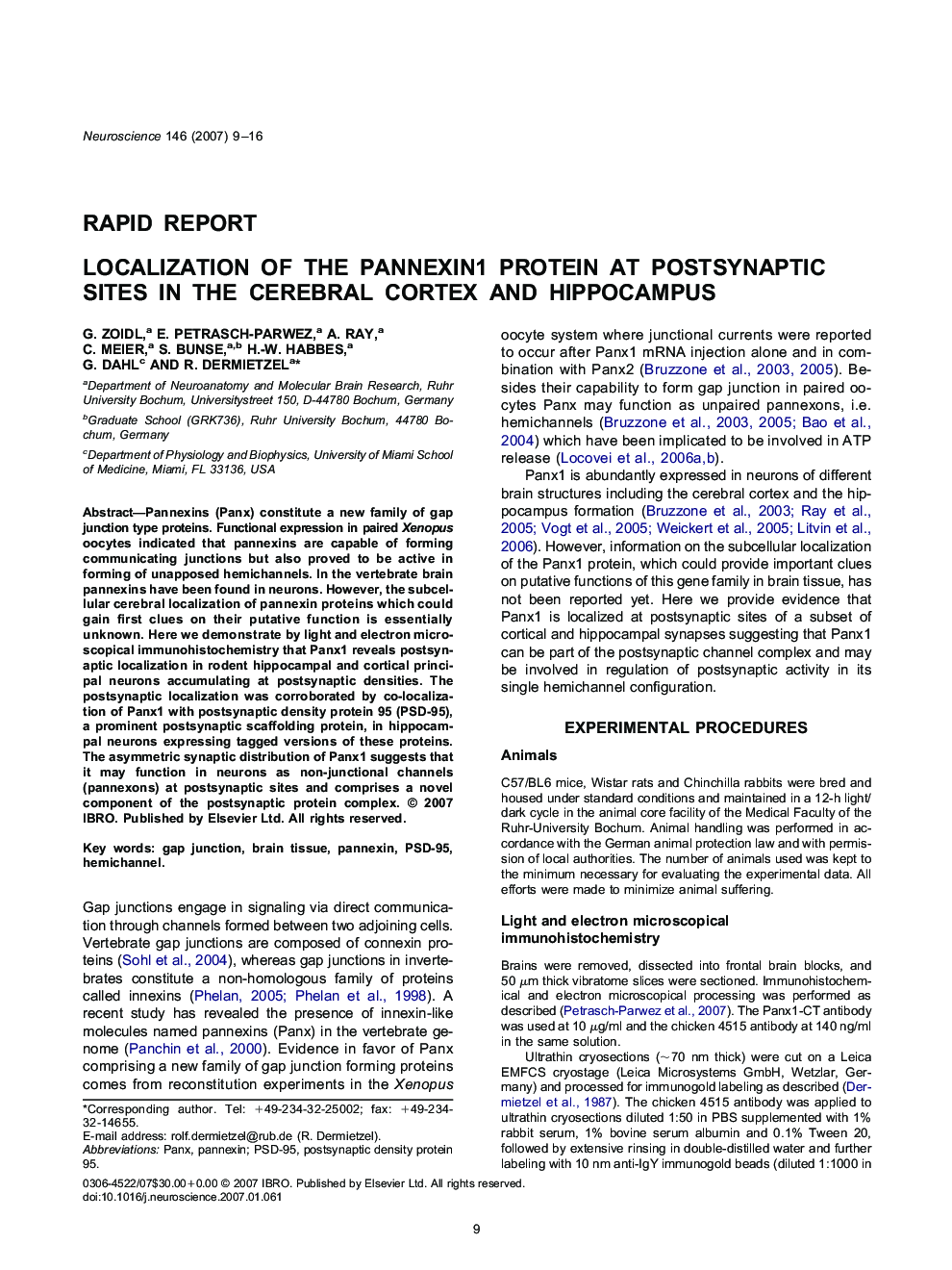 Localization of the pannexin1 protein at postsynaptic sites in the cerebral cortex and hippocampus