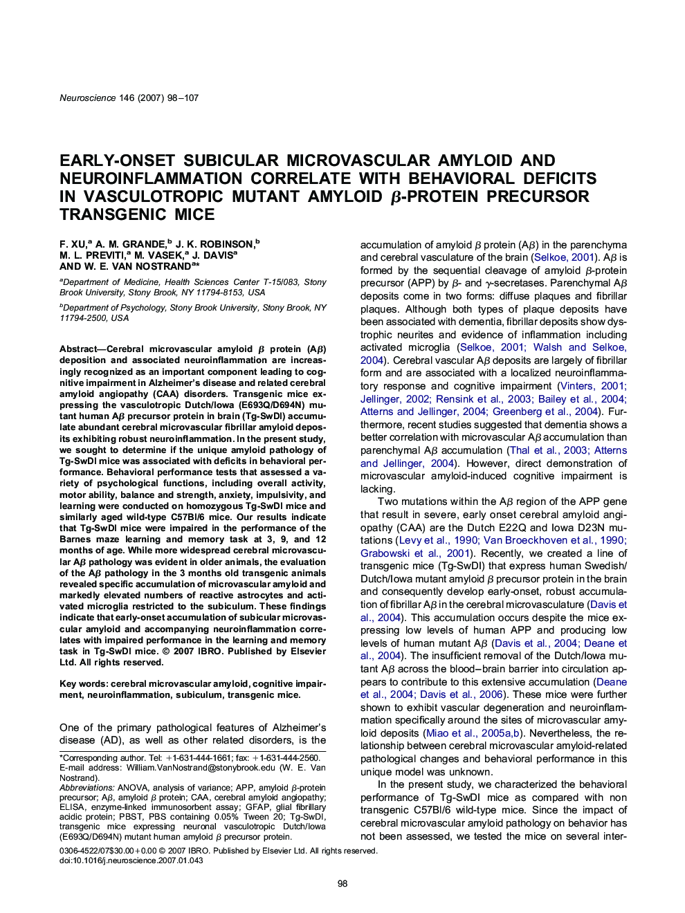 Early-onset subicular microvascular amyloid and neuroinflammation correlate with behavioral deficits in vasculotropic mutant amyloid Î²-protein precursor transgenic mice