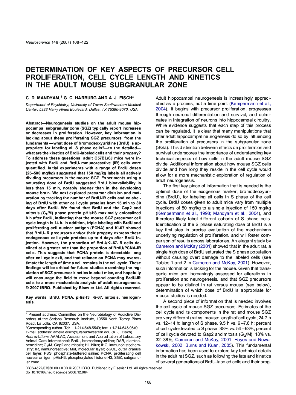 Determination of key aspects of precursor cell proliferation, cell cycle length and kinetics in the adult mouse subgranular zone