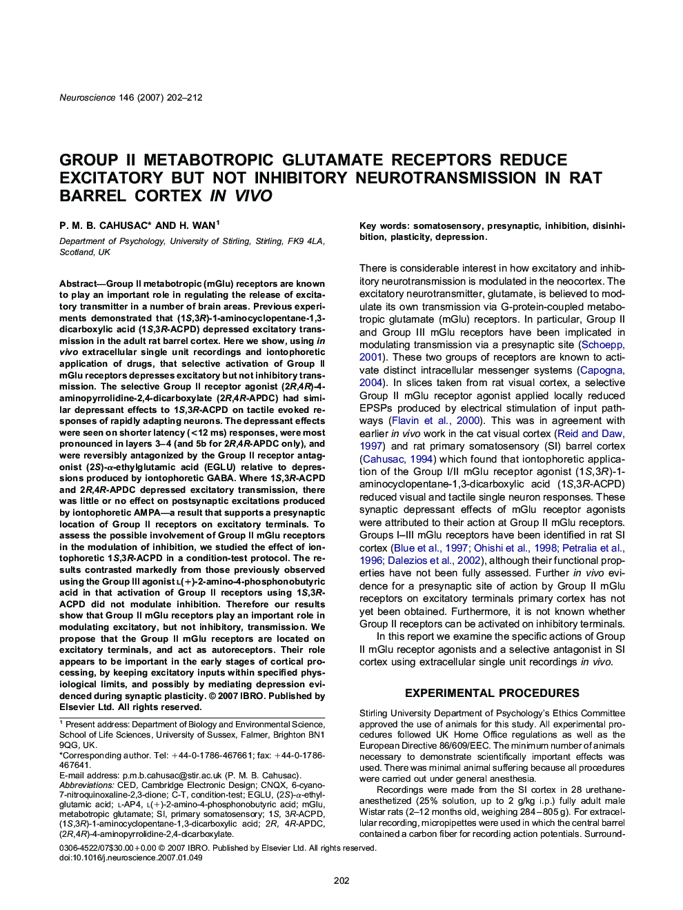 Group II metabotropic glutamate receptors reduce excitatory but not inhibitory neurotransmission in rat barrel cortex in vivo