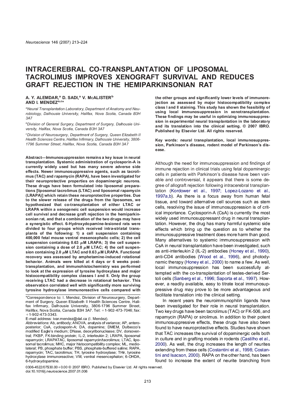 Intracerebral co-transplantation of liposomal tacrolimus improves xenograft survival and reduces graft rejection in the hemiparkinsonian rat