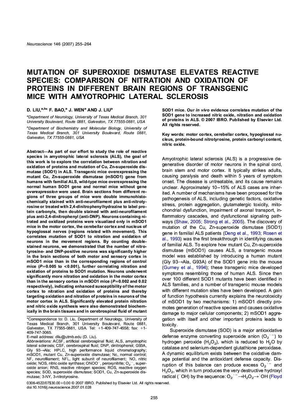 Mutation of superoxide dismutase elevates reactive species: Comparison of nitration and oxidation of proteins in different brain regions of transgenic mice with amyotrophic lateral sclerosis