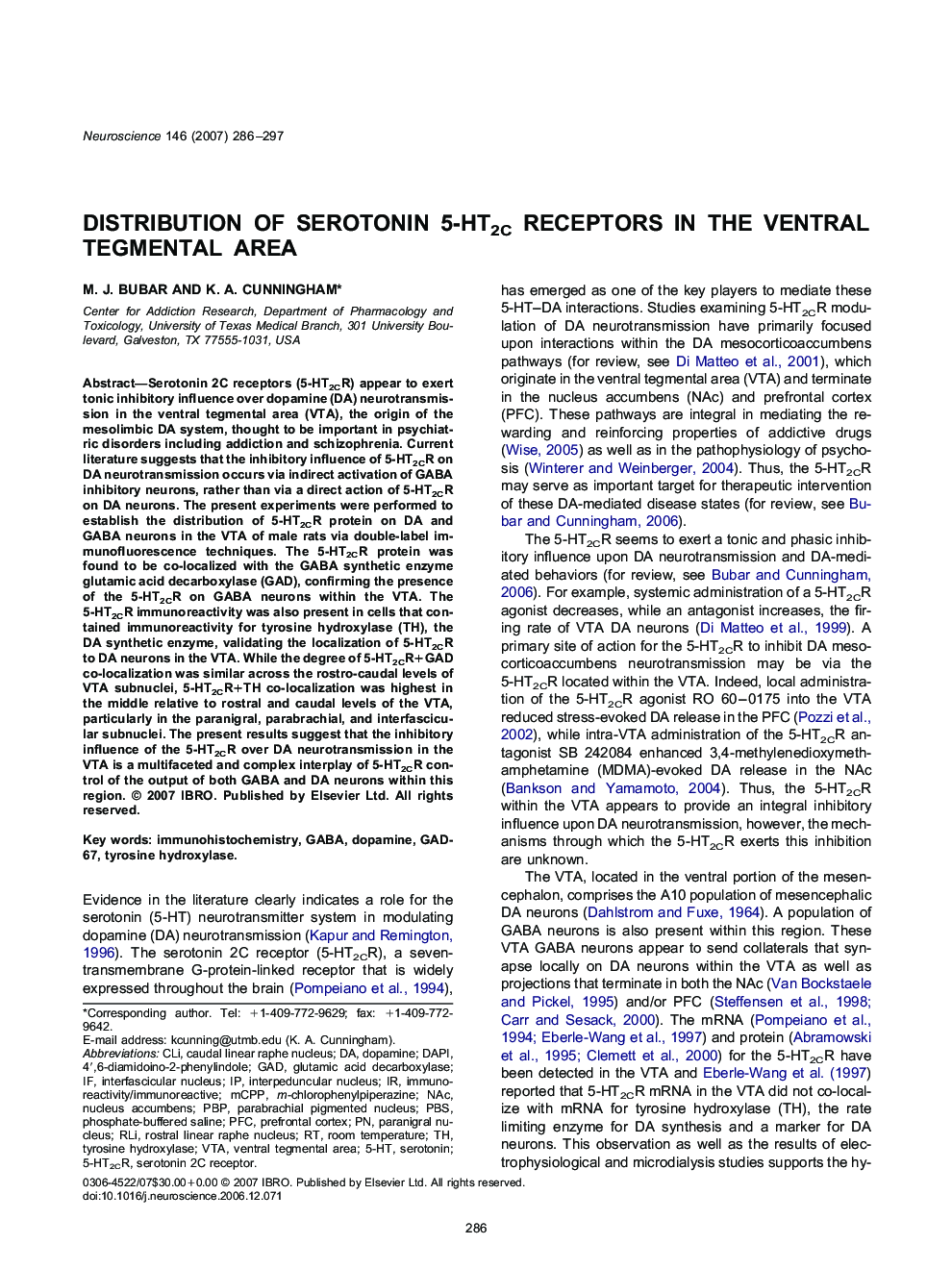 Distribution of serotonin 5-HT2C receptors in the ventral tegmental area