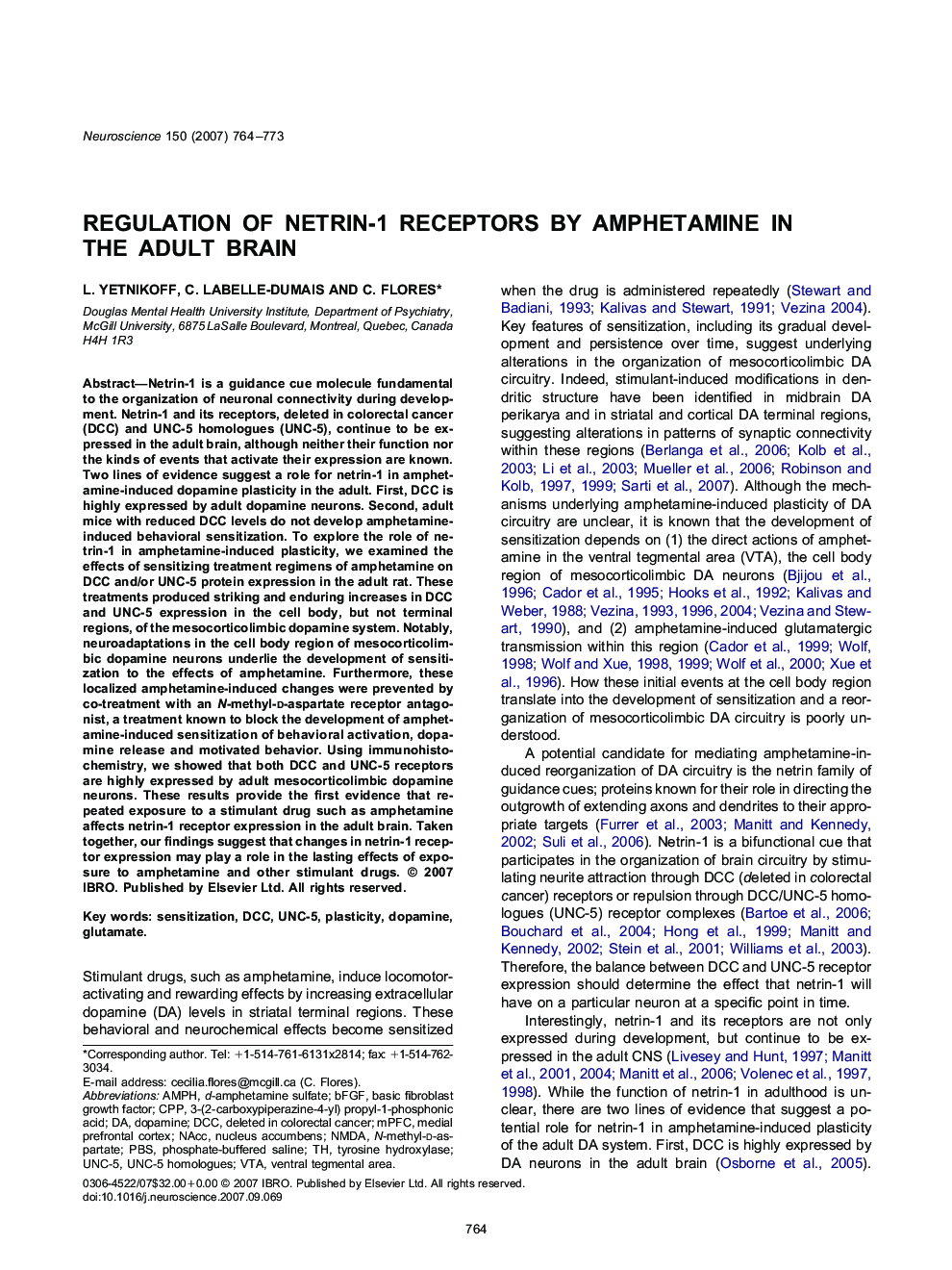 Regulation of netrin-1 receptors by amphetamine in the adult brain