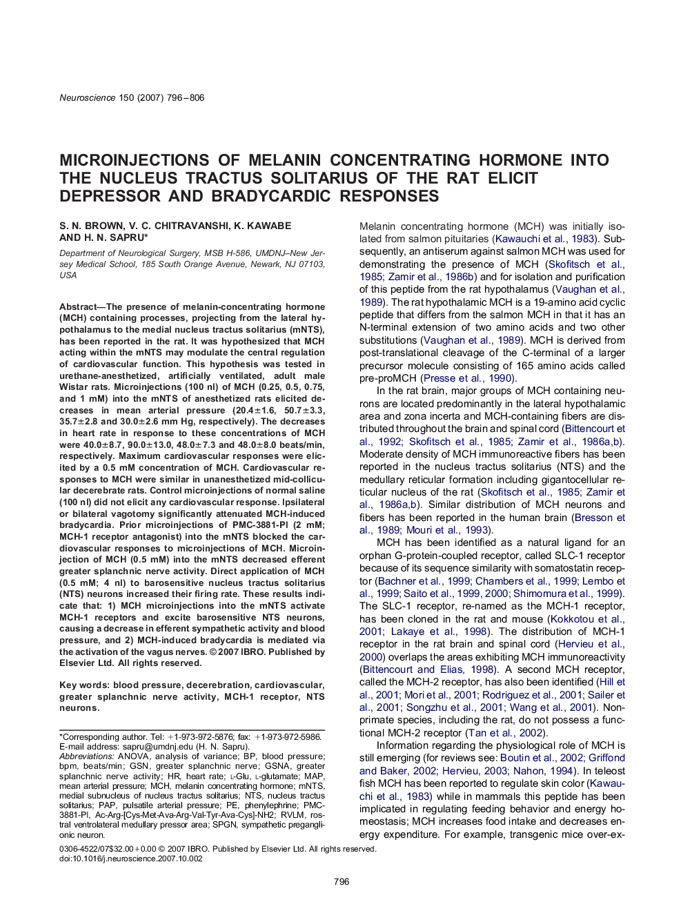 Microinjections of melanin concentrating hormone into the nucleus tractus solitarius of the rat elicit depressor and bradycardic responses