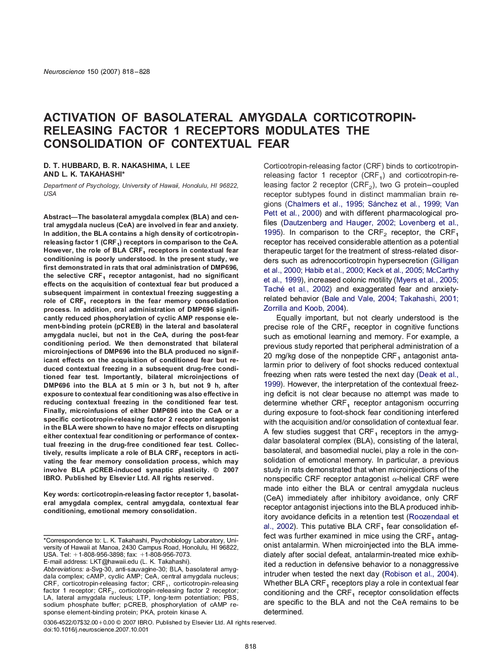 Activation of basolateral amygdala corticotropin-releasing factor 1 receptors modulates the consolidation of contextual fear