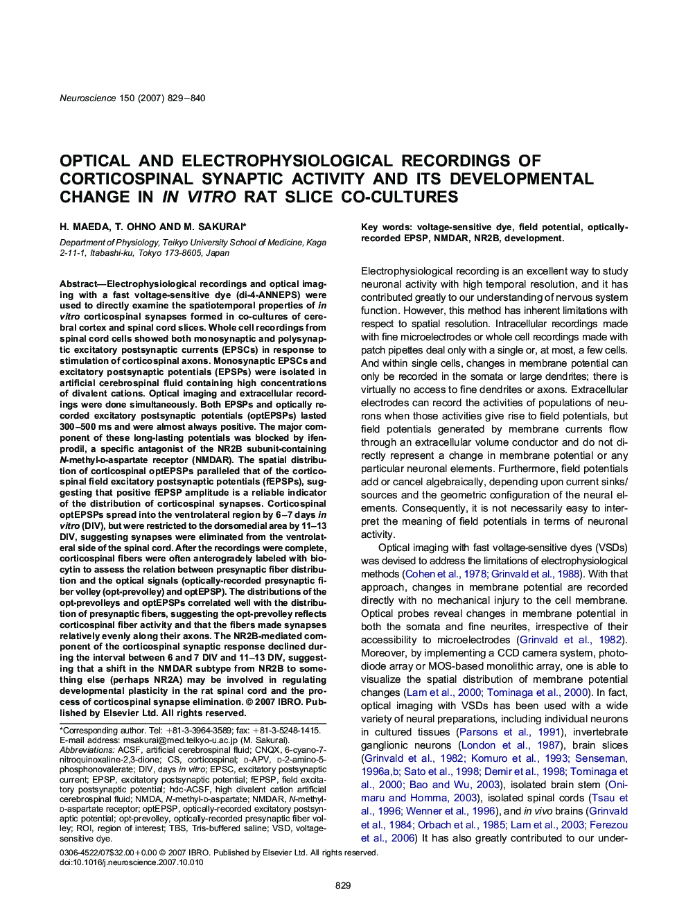 Optical and electrophysiological recordings of corticospinal synaptic activity and its developmental change in in vitro rat slice co-cultures