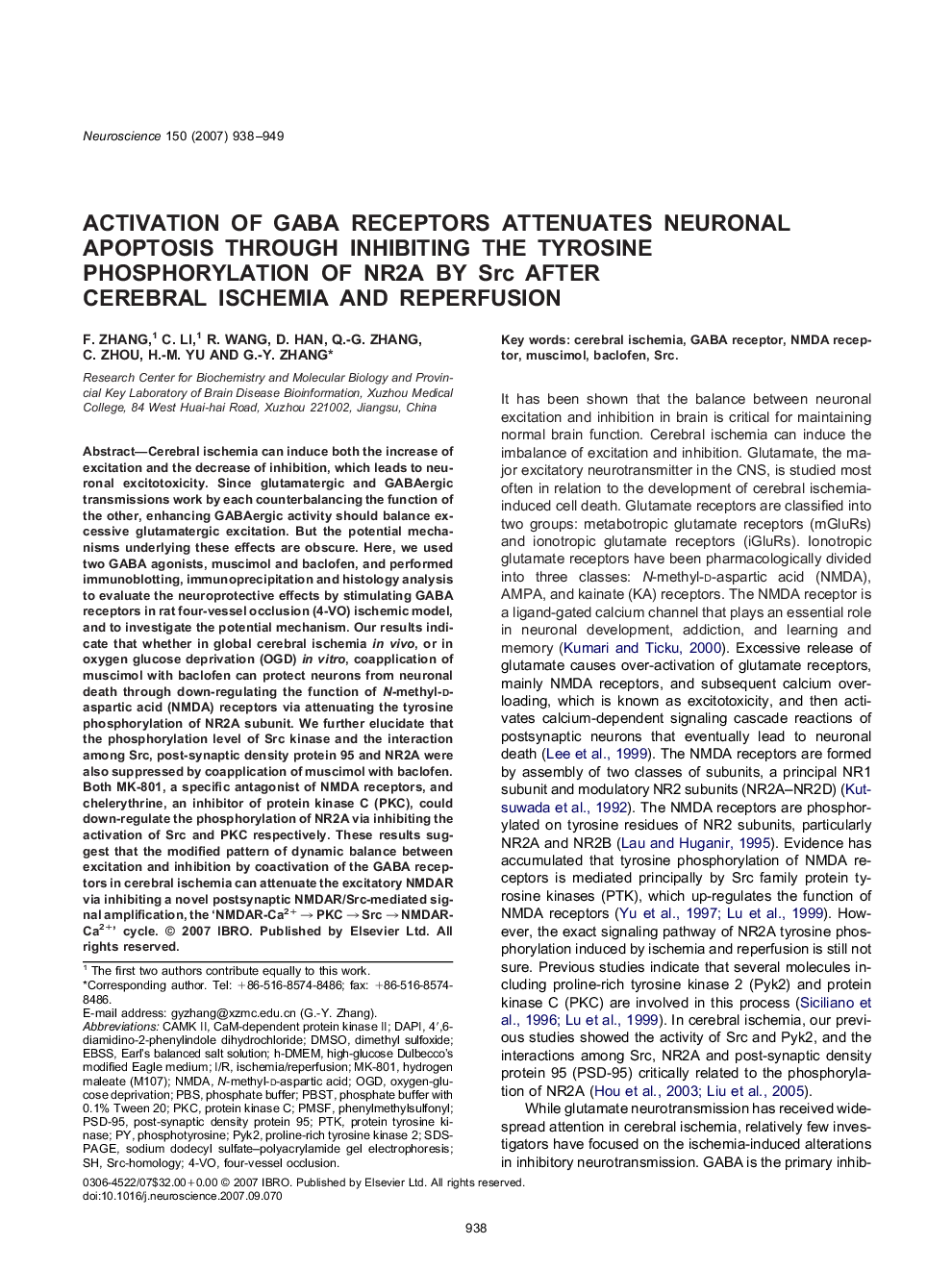 Activation of GABA receptors attenuates neuronal apoptosis through inhibiting the tyrosine phosphorylation of NR2A by Src after cerebral ischemia and reperfusion