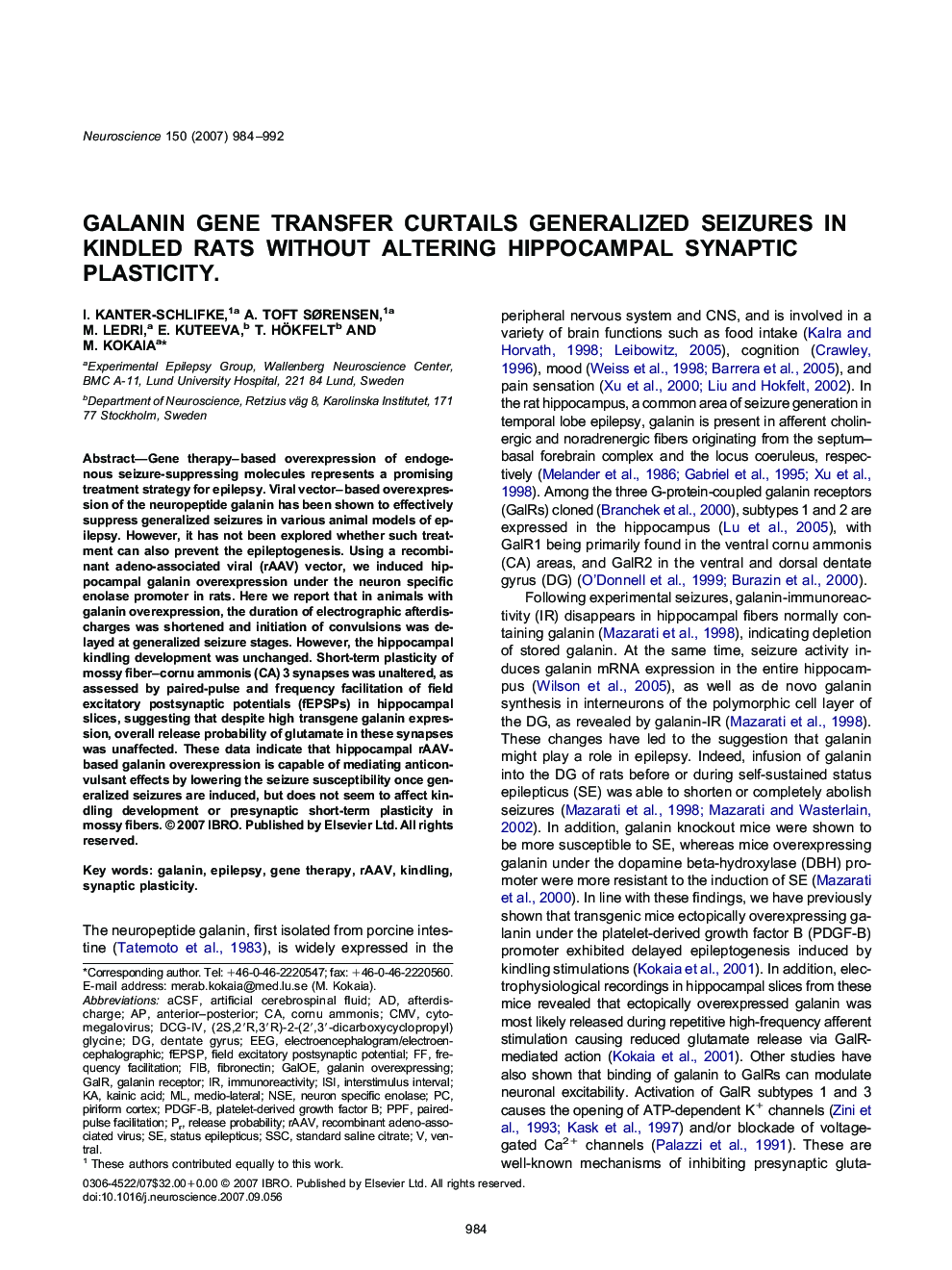 Galanin gene transfer curtails generalized seizures in kindled rats without altering hippocampal synaptic plasticity