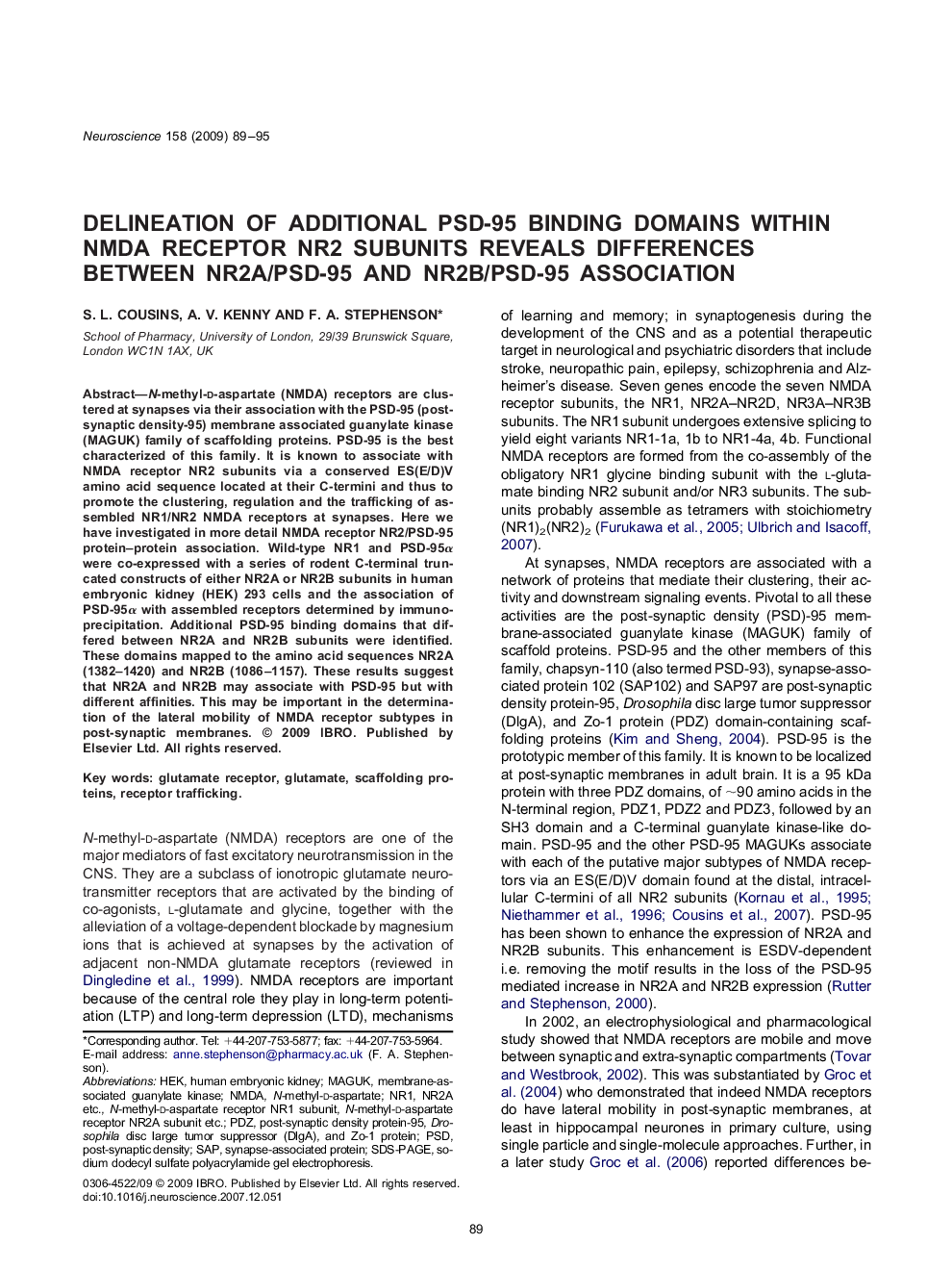 Delineation of additional PSD-95 binding domains within NMDA receptor NR2 subunits reveals differences between NR2A/PSD-95 and NR2B/PSD-95 association