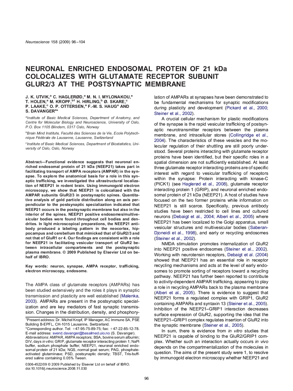 Neuronal enriched endosomal protein of 21 kDa colocalizes with glutamate receptor subunit GLUR2/3 at the postsynaptic membrane