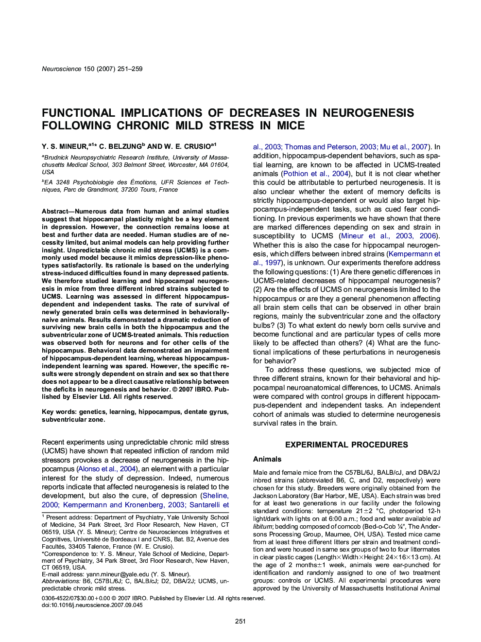 Functional implications of decreases in neurogenesis following chronic mild stress in mice