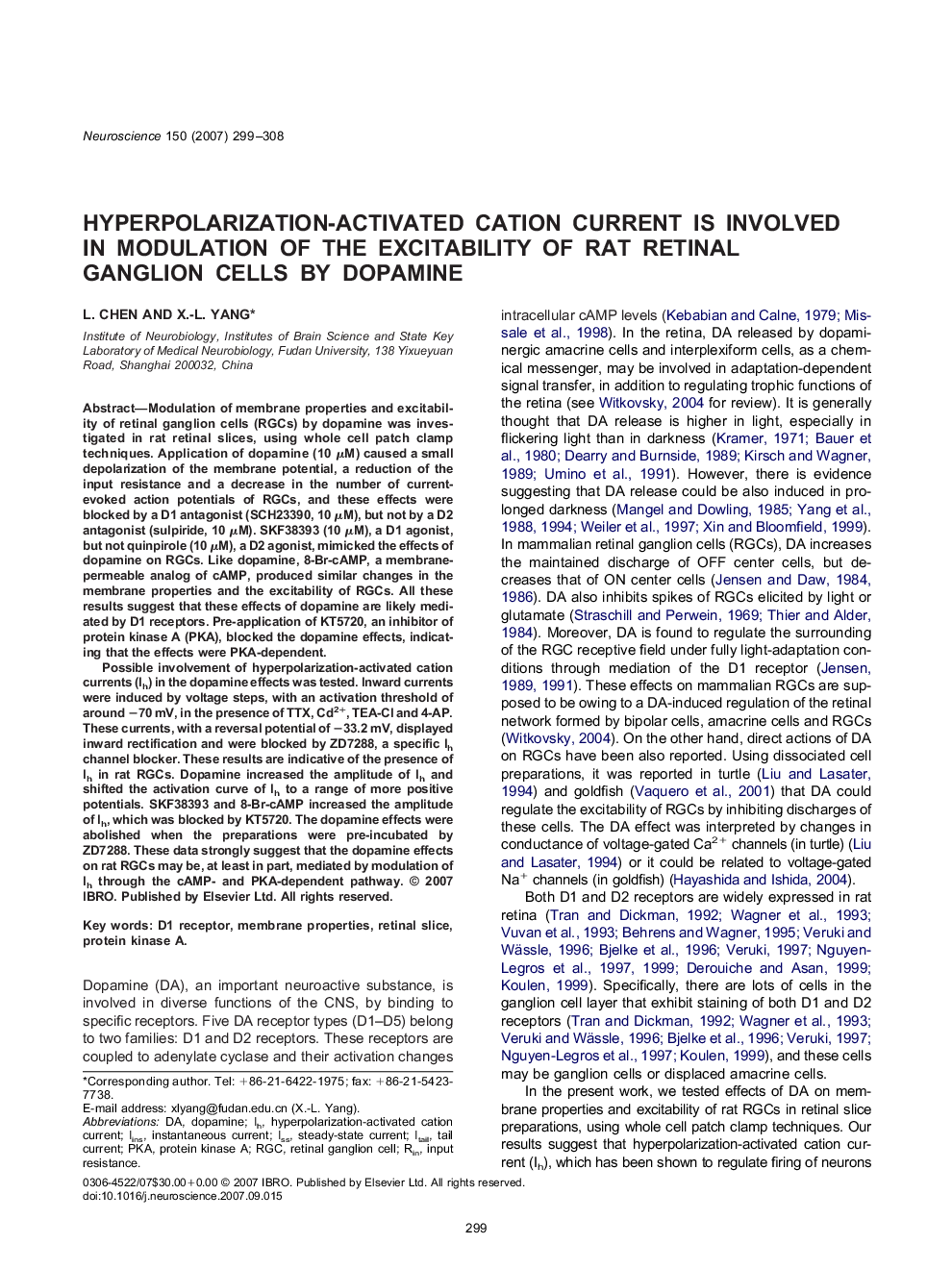 Hyperpolarization-activated cation current is involved in modulation of the excitability of rat retinal ganglion cells by dopamine