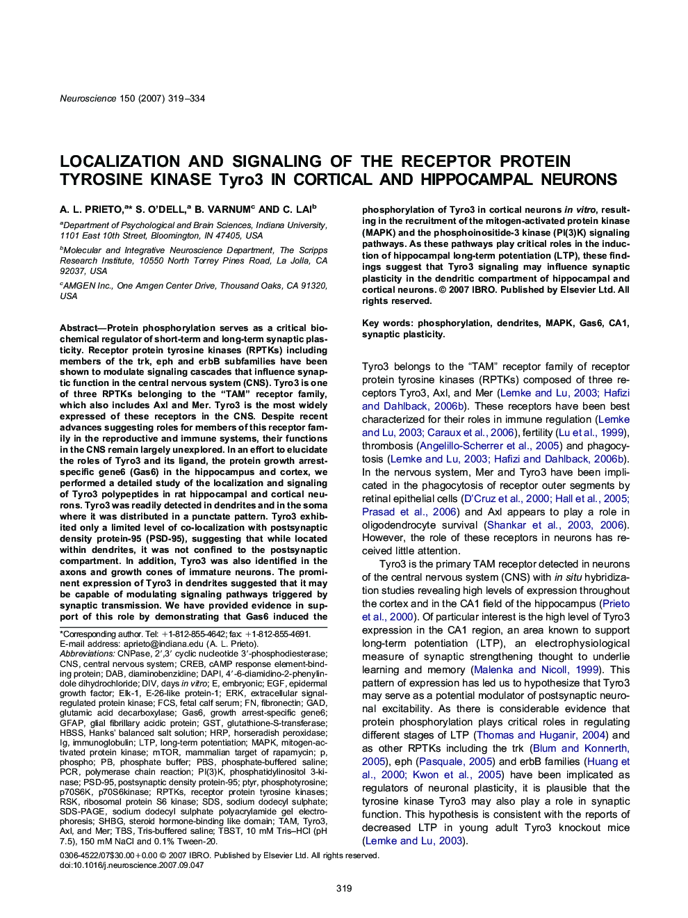 Localization and signaling of the receptor protein tyrosine kinase Tyro3 in cortical and hippocampal neurons