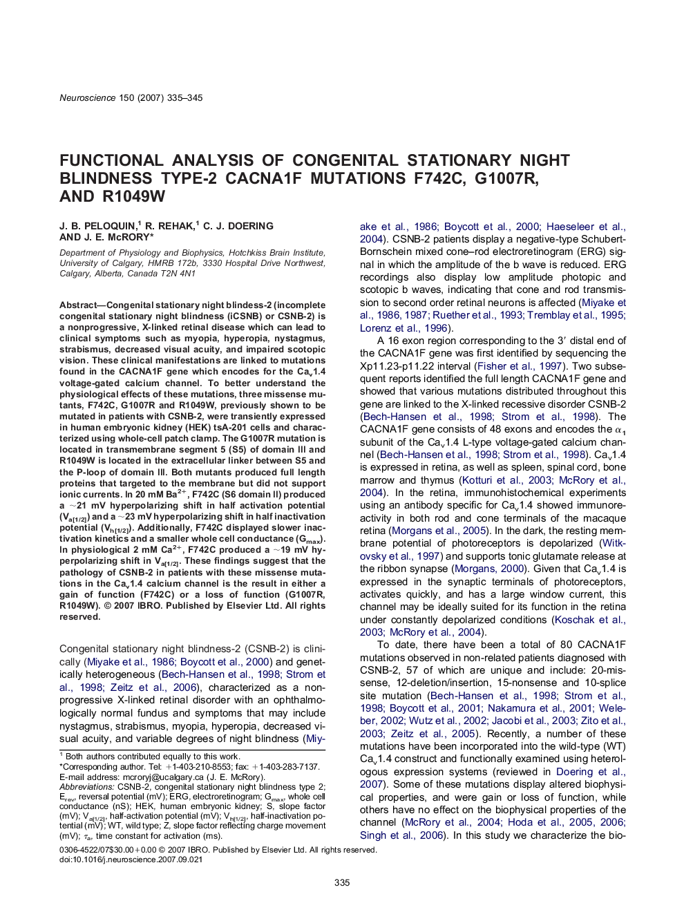 Functional analysis of congenital stationary night blindness type-2 CACNA1F mutations F742C, G1007R, and R1049W