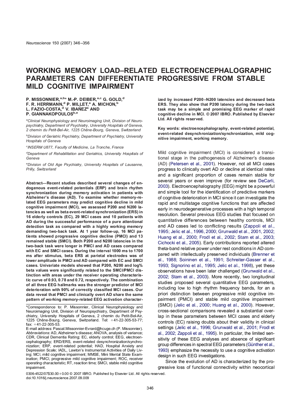 Working memory load–related electroencephalographic parameters can differentiate progressive from stable mild cognitive impairment