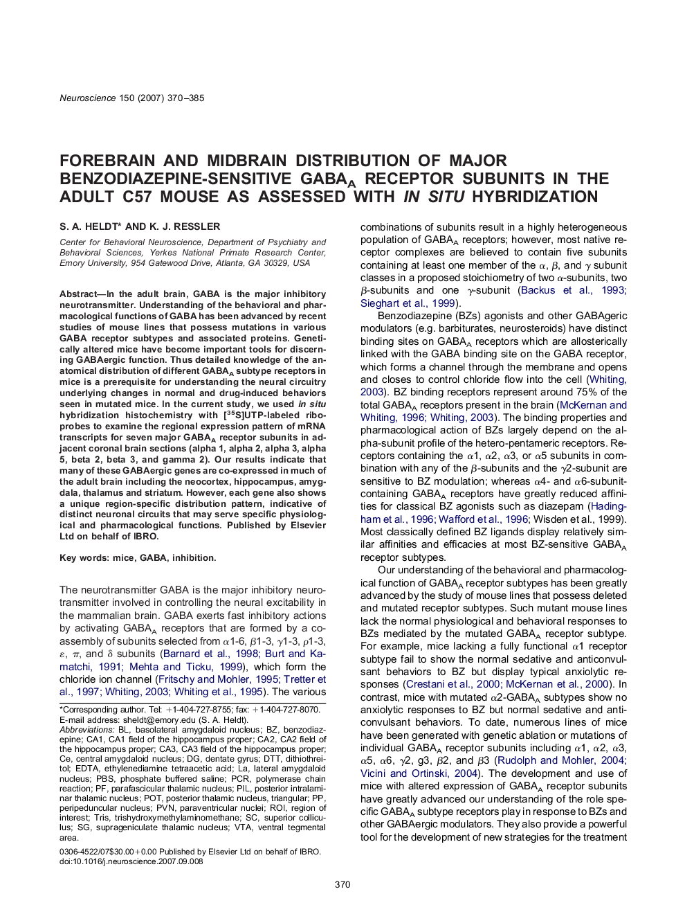 Forebrain and midbrain distribution of major benzodiazepine-sensitive GABAA receptor subunits in the adult C57 mouse as assessed with in situ hybridization