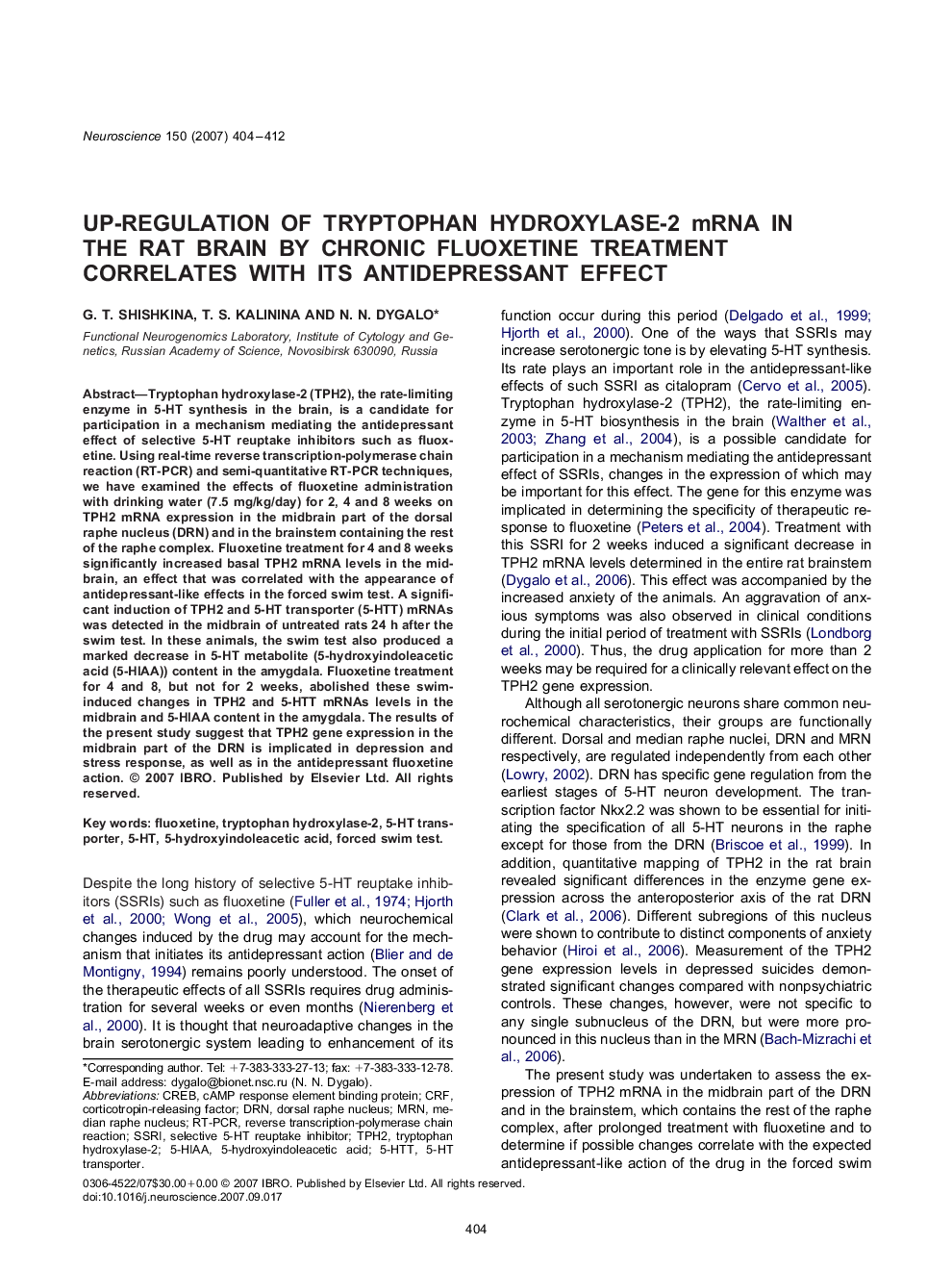 Up-regulation of tryptophan hydroxylase-2 mRNA in the rat brain by chronic fluoxetine treatment correlates with its antidepressant effect