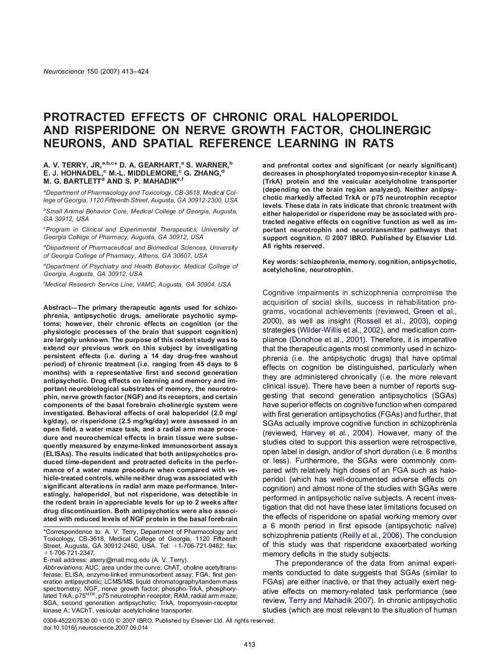 Protracted effects of chronic oral haloperidol and risperidone on nerve growth factor, cholinergic neurons, and spatial reference learning in rats