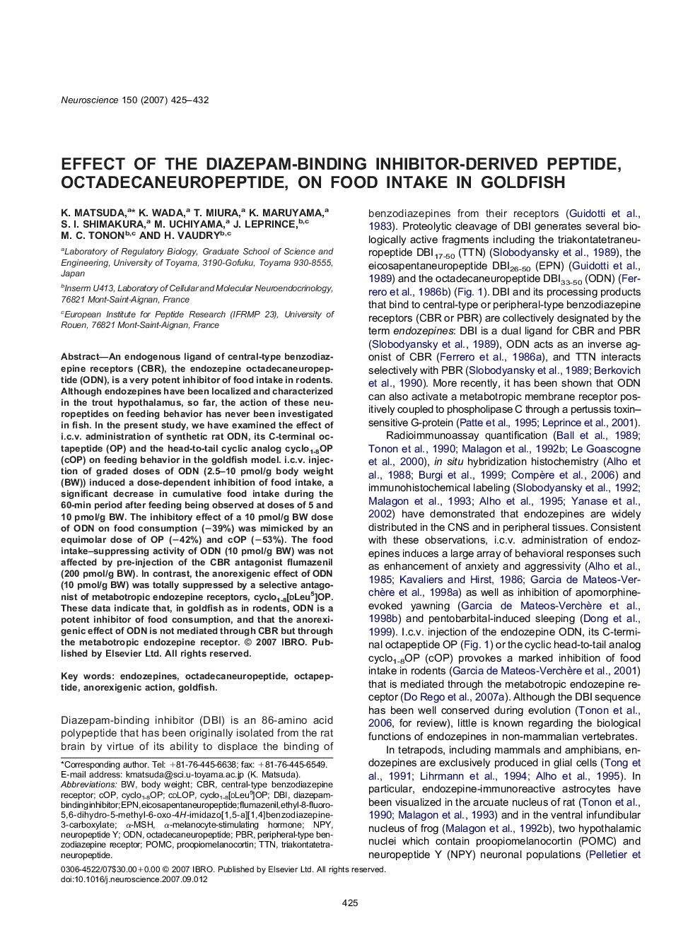 Effect of the diazepam-binding inhibitor-derived peptide, octadecaneuropeptide, on food intake in goldfish