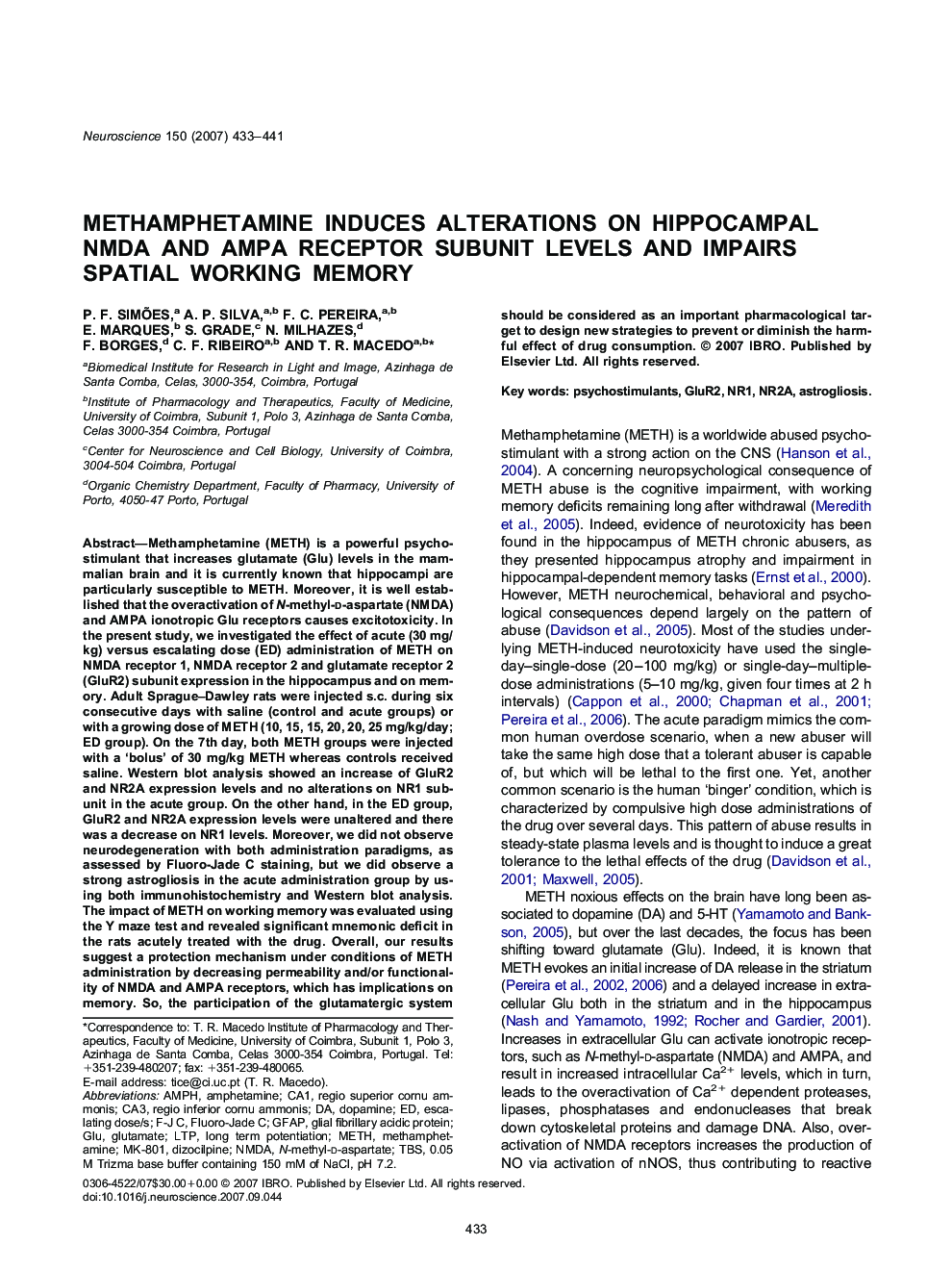 Methamphetamine induces alterations on hippocampal NMDA and AMPA receptor subunit levels and impairs spatial working memory