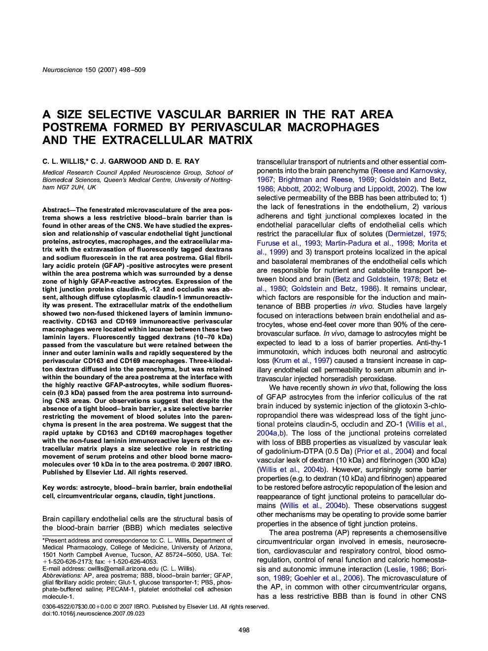 A size selective vascular barrier in the rat area postrema formed by perivascular macrophages and the extracellular matrix