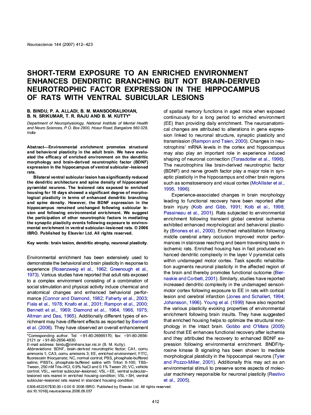 Short-term exposure to an enriched environment enhances dendritic branching but not brain-derived neurotrophic factor expression in the hippocampus of rats with ventral subicular lesions