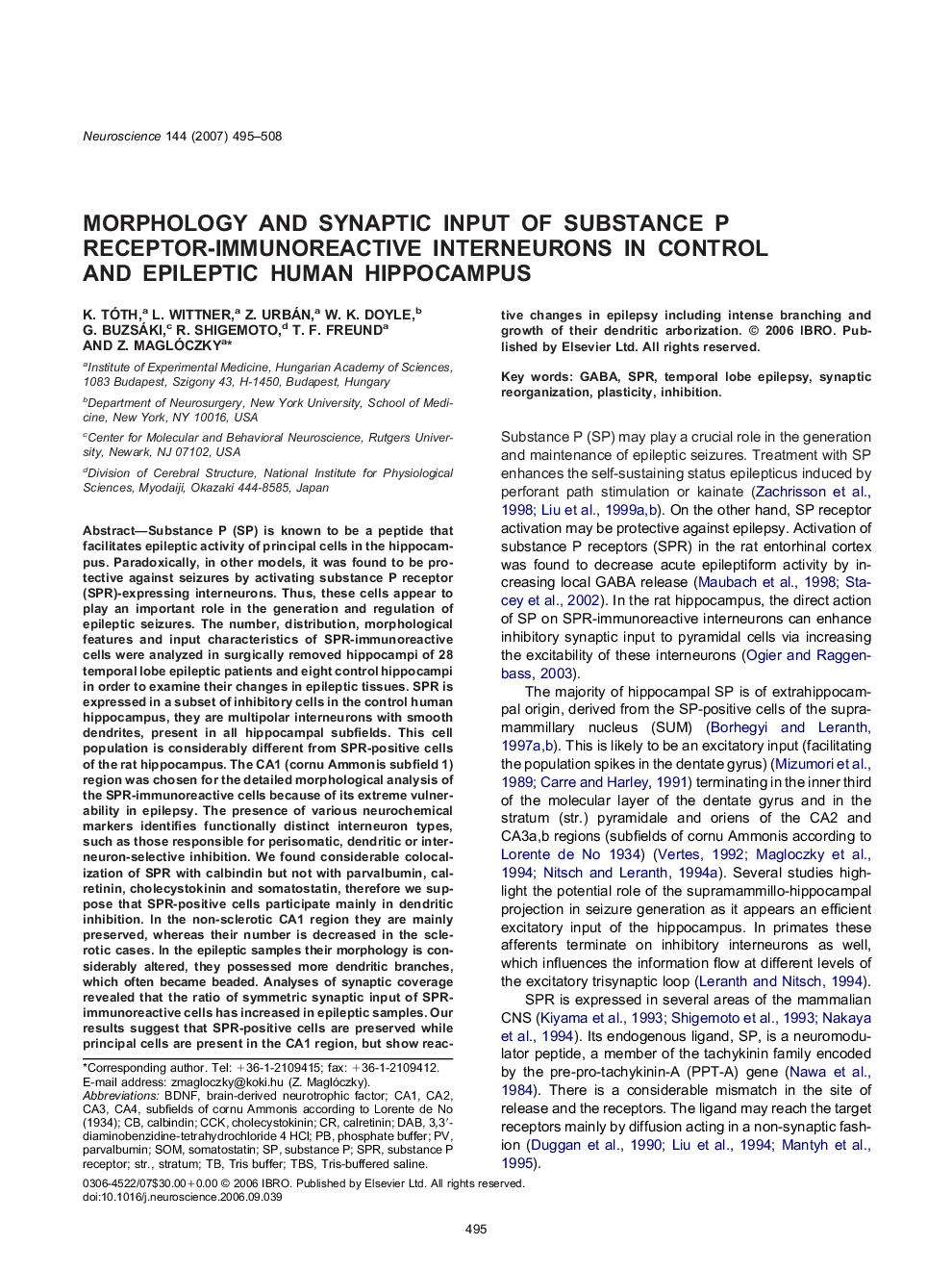 Morphology and synaptic input of substance P receptor-immunoreactive interneurons in control and epileptic human hippocampus