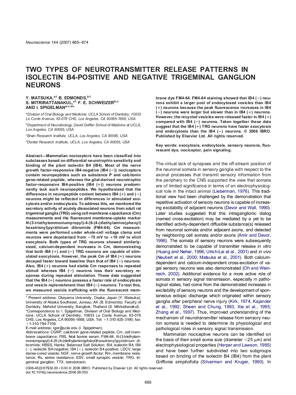 Two types of neurotransmitter release patterns in isolectin B4-positive and negative trigeminal ganglion neurons