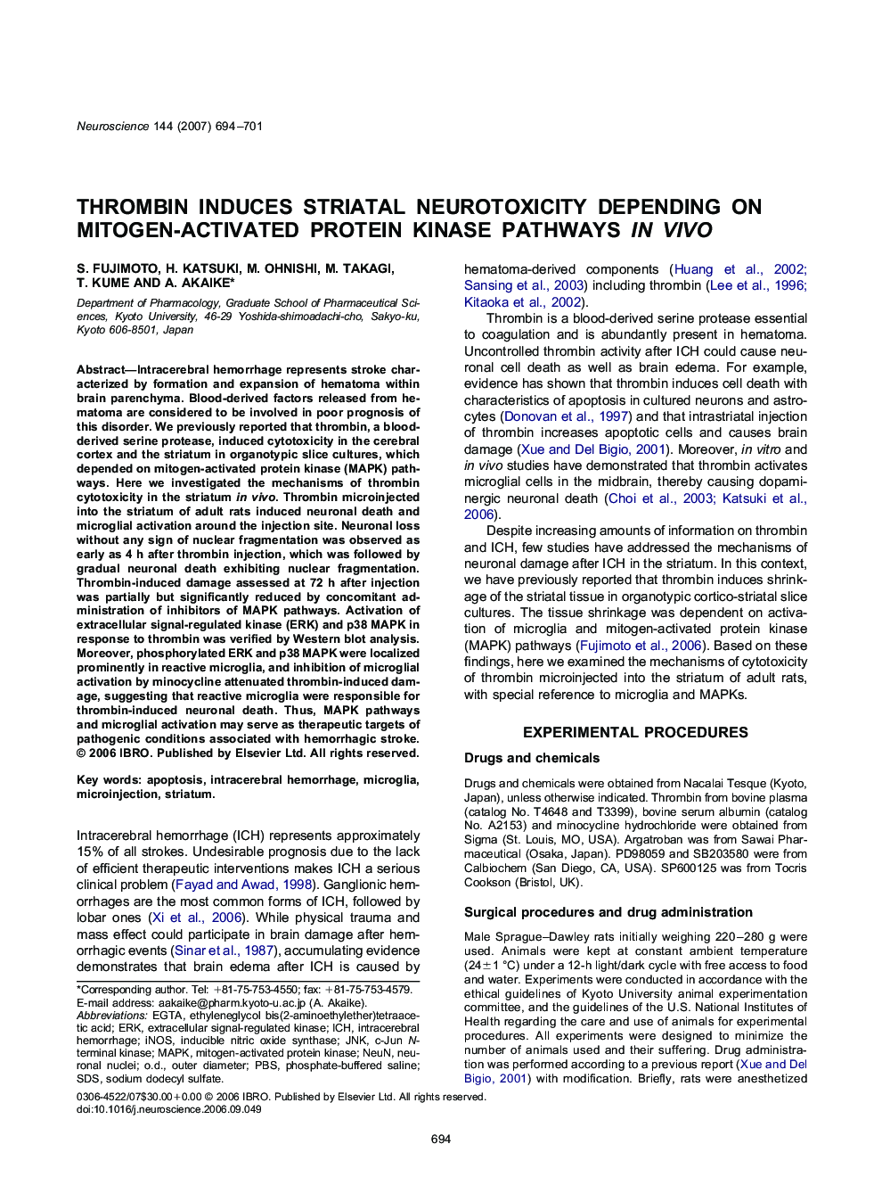 Thrombin induces striatal neurotoxicity depending on mitogen-activated protein kinase pathways in vivo