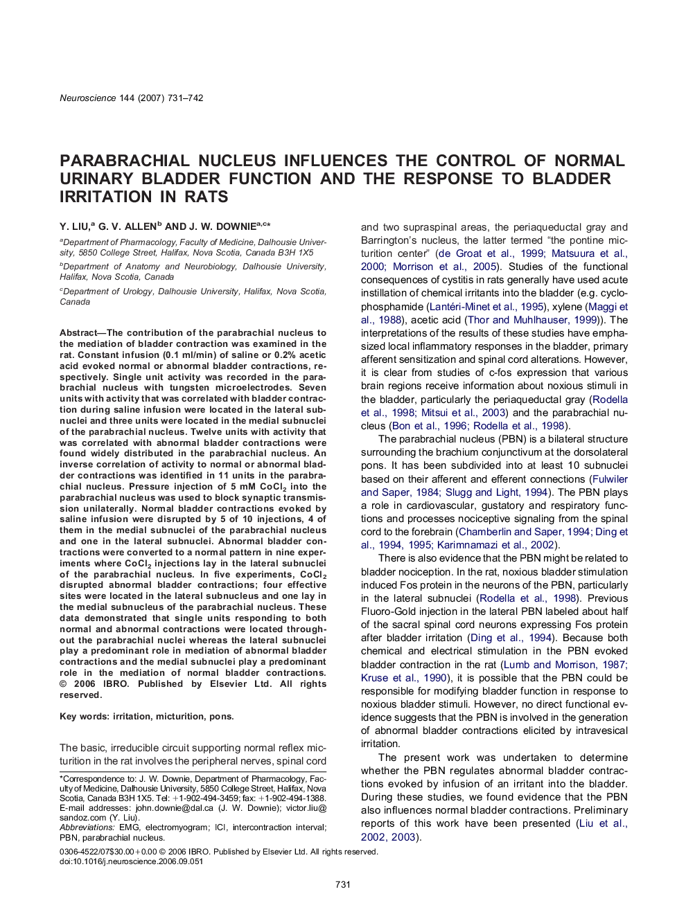 Parabrachial nucleus influences the control of normal urinary bladder function and the response to bladder irritation in rats