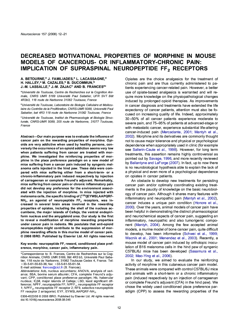 Decreased motivational properties of morphine in mouse models of cancerous- or inflammatory-chronic pain: Implication of supraspinal neuropeptide FF2 receptors