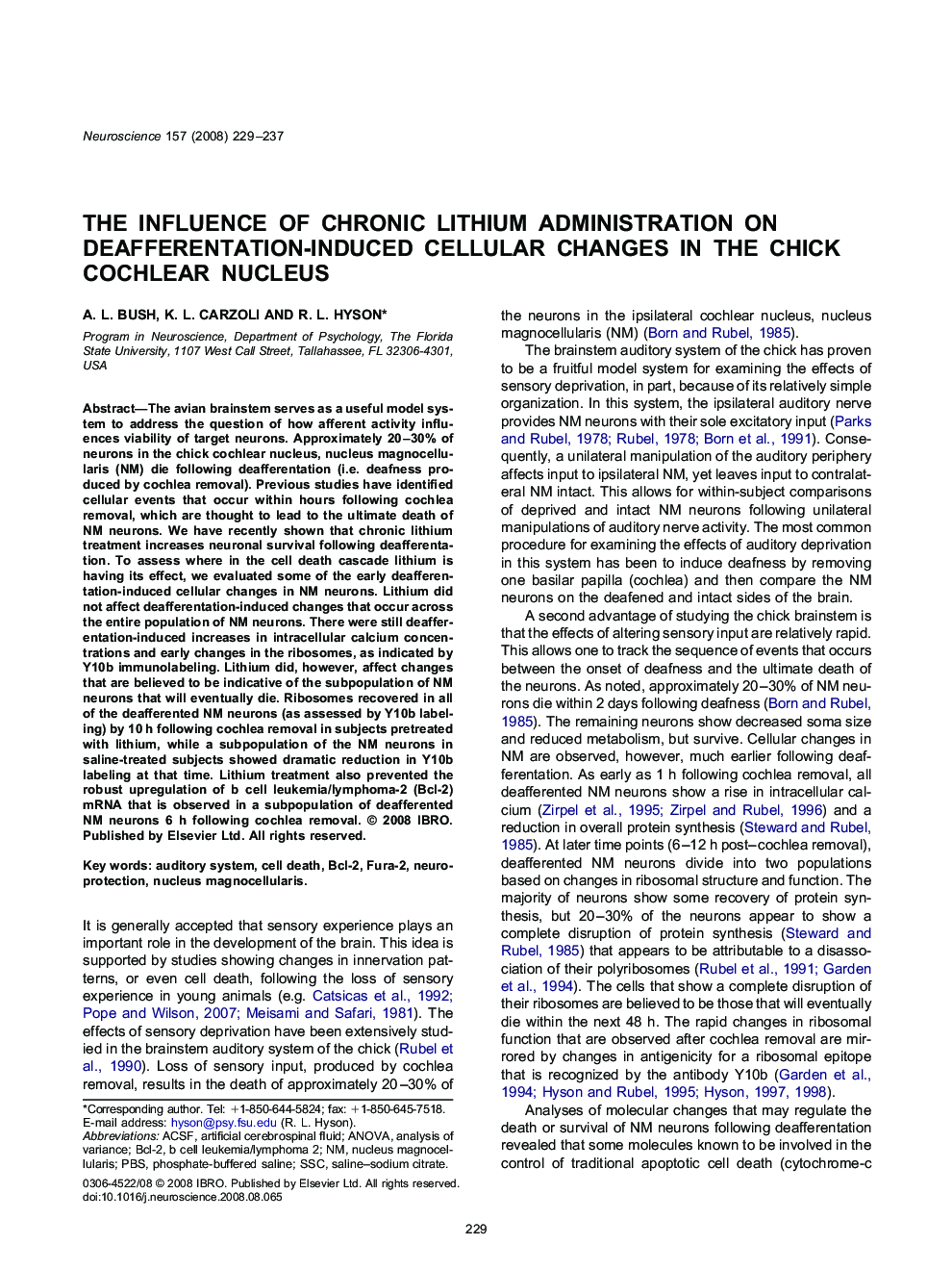 The influence of chronic lithium administration on deafferentation-induced cellular changes in the chick cochlear nucleus