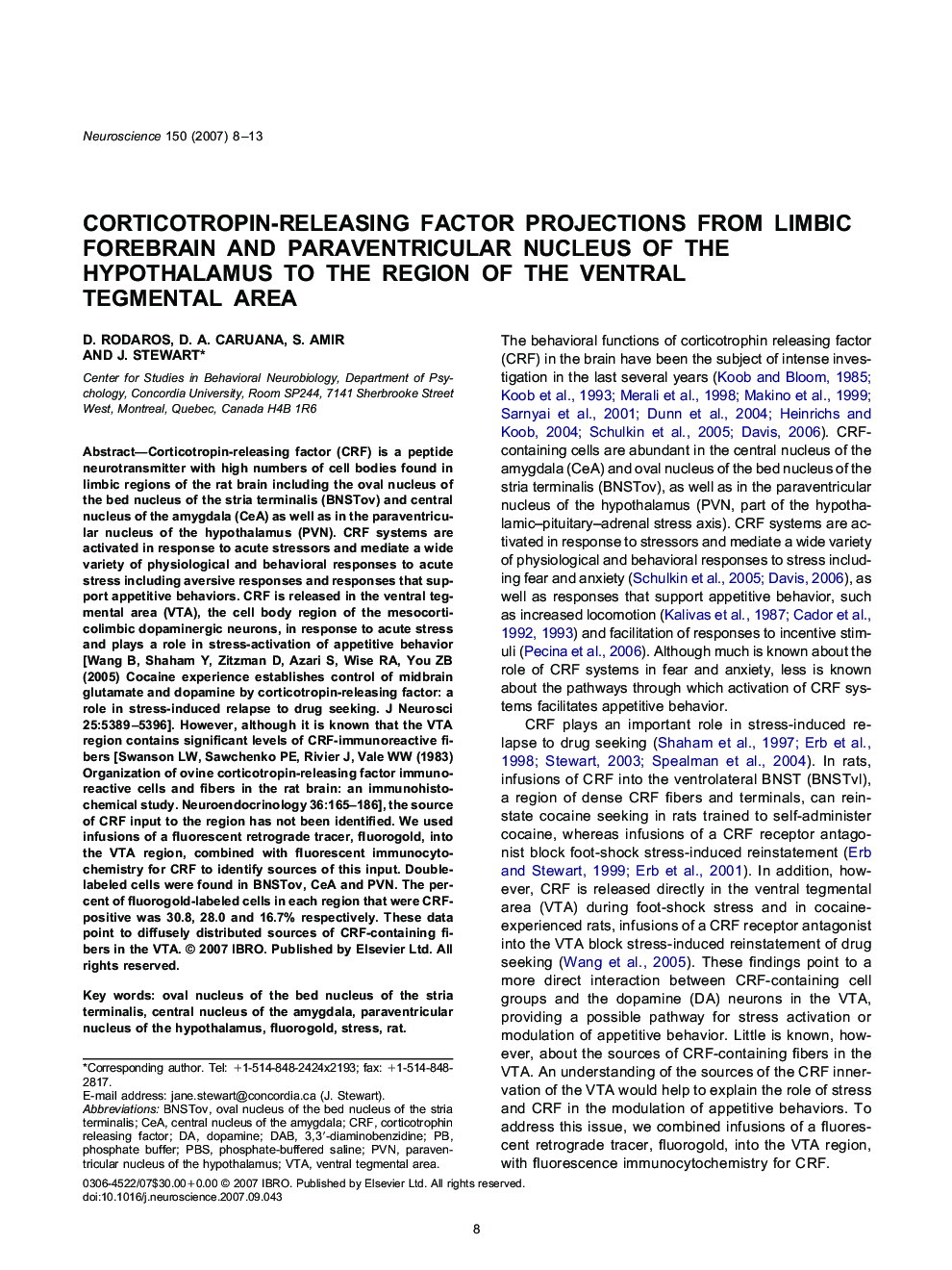 Corticotropin-releasing factor projections from limbic forebrain and paraventricular nucleus of the hypothalamus to the region of the ventral tegmental area