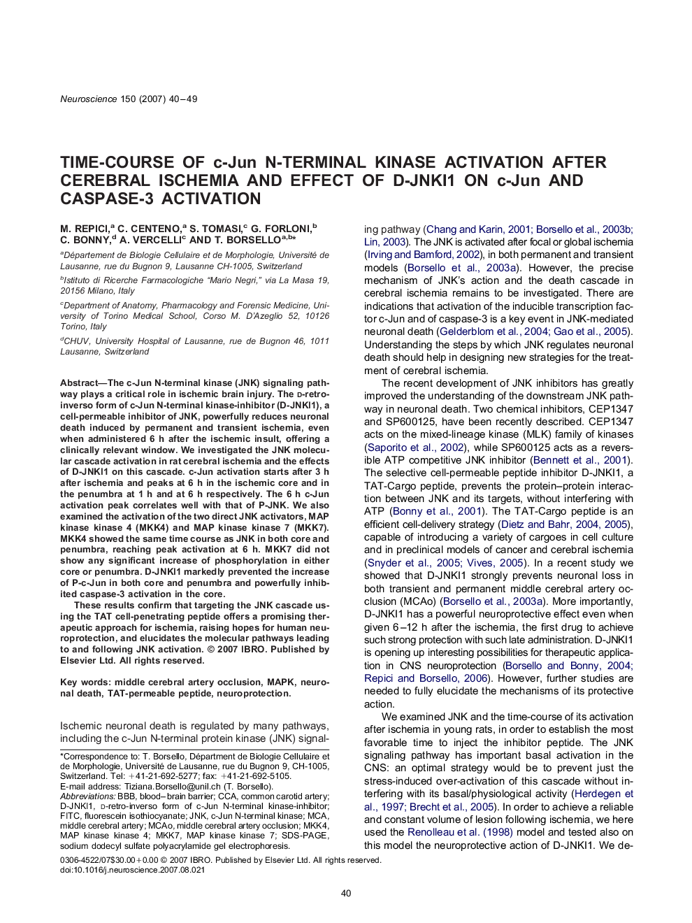 Time-course of c-Jun N-terminal kinase activation after cerebral ischemia and effect of D-JNKI1 on c-Jun and caspase-3 activation