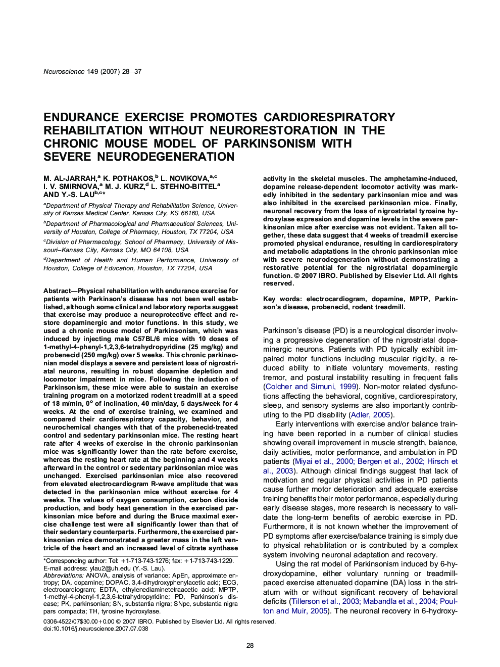 Endurance exercise promotes cardiorespiratory rehabilitation without neurorestoration in the chronic mouse model of Parkinsonism with severe neurodegeneration