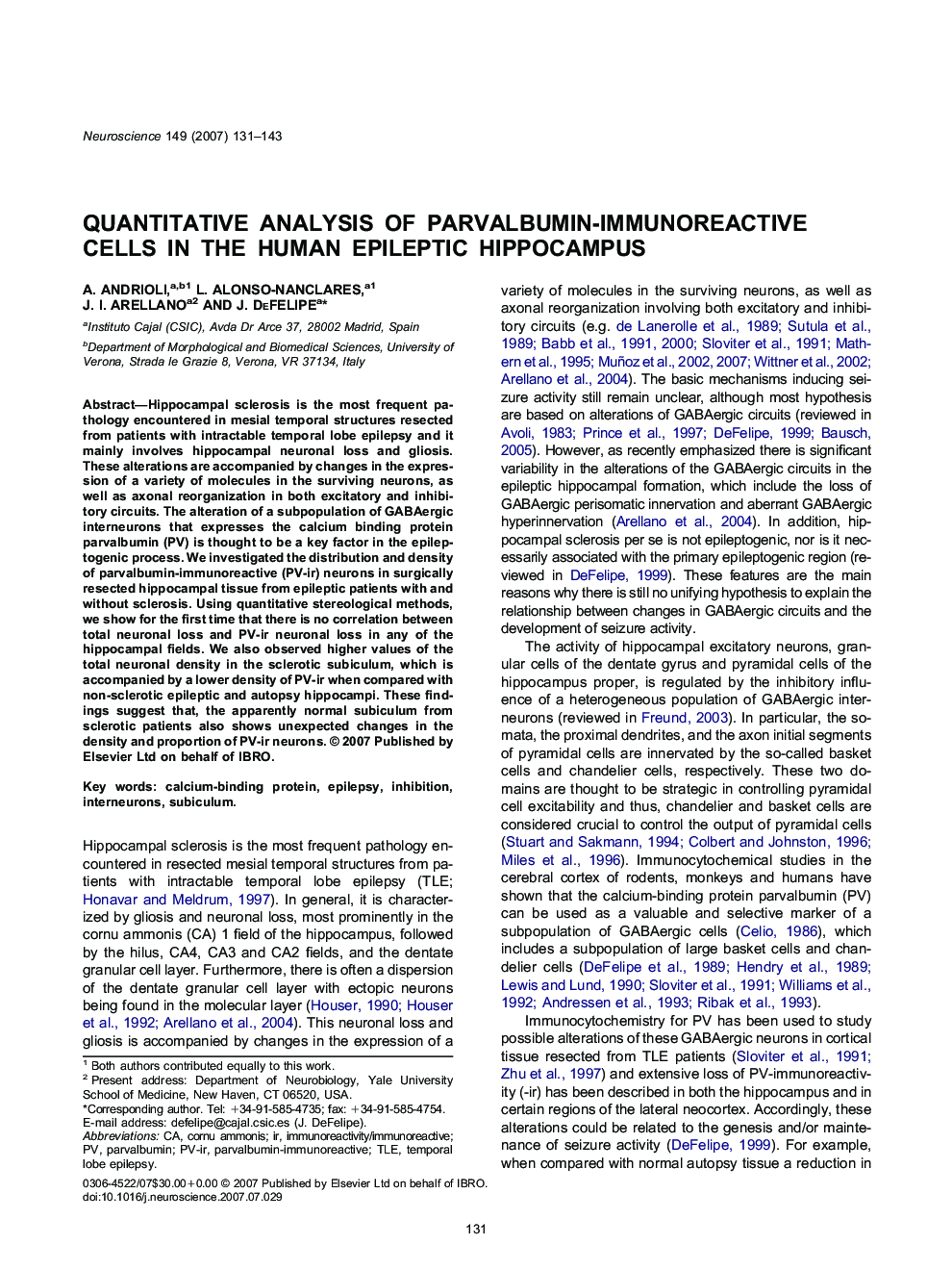 Quantitative analysis of parvalbumin-immunoreactive cells in the human epileptic hippocampus