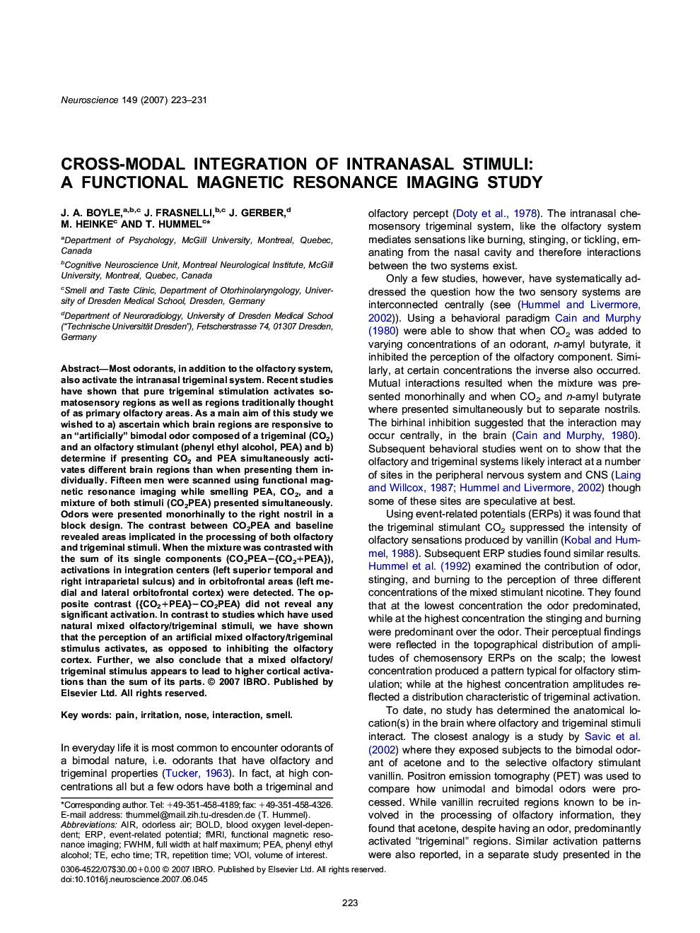 Cross-modal integration of intranasal stimuli: A functional magnetic resonance imaging study