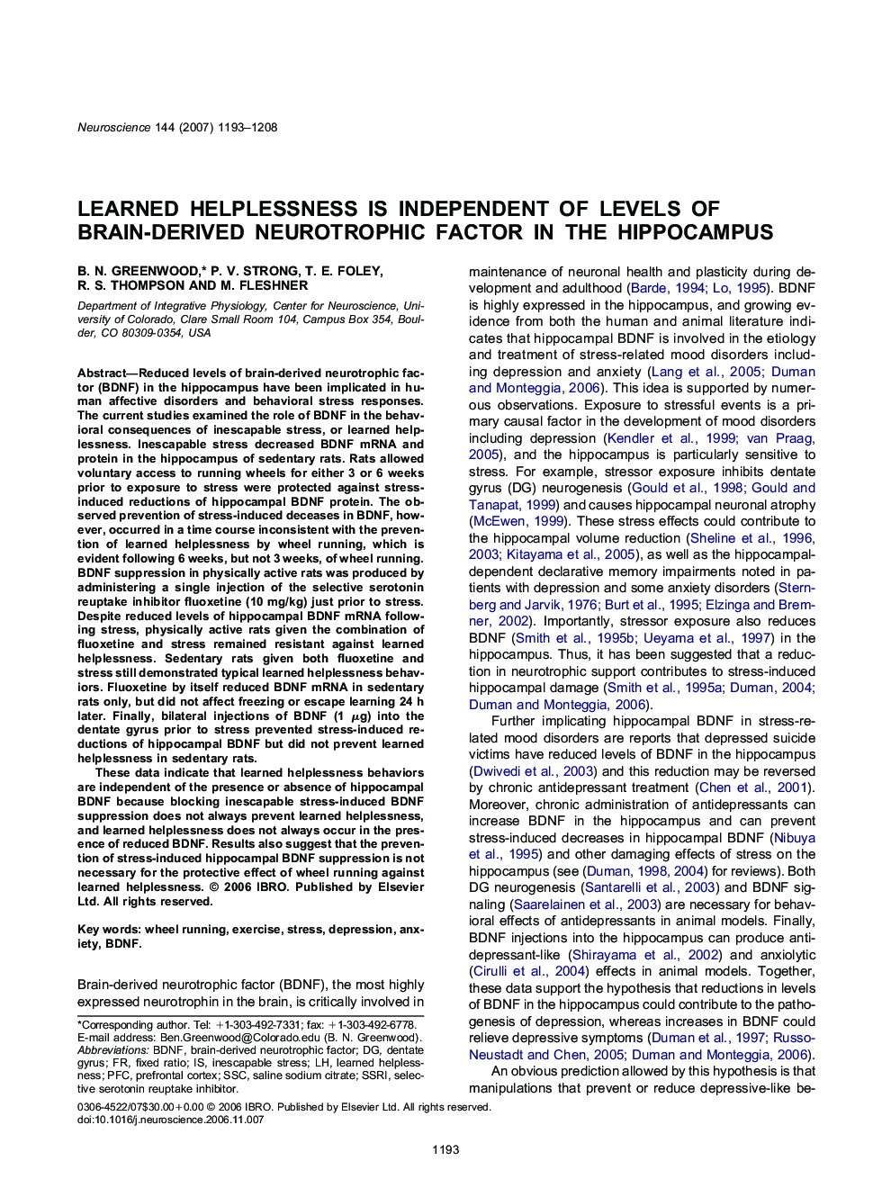 Learned helplessness is independent of levels of brain-derived neurotrophic factor in the hippocampus
