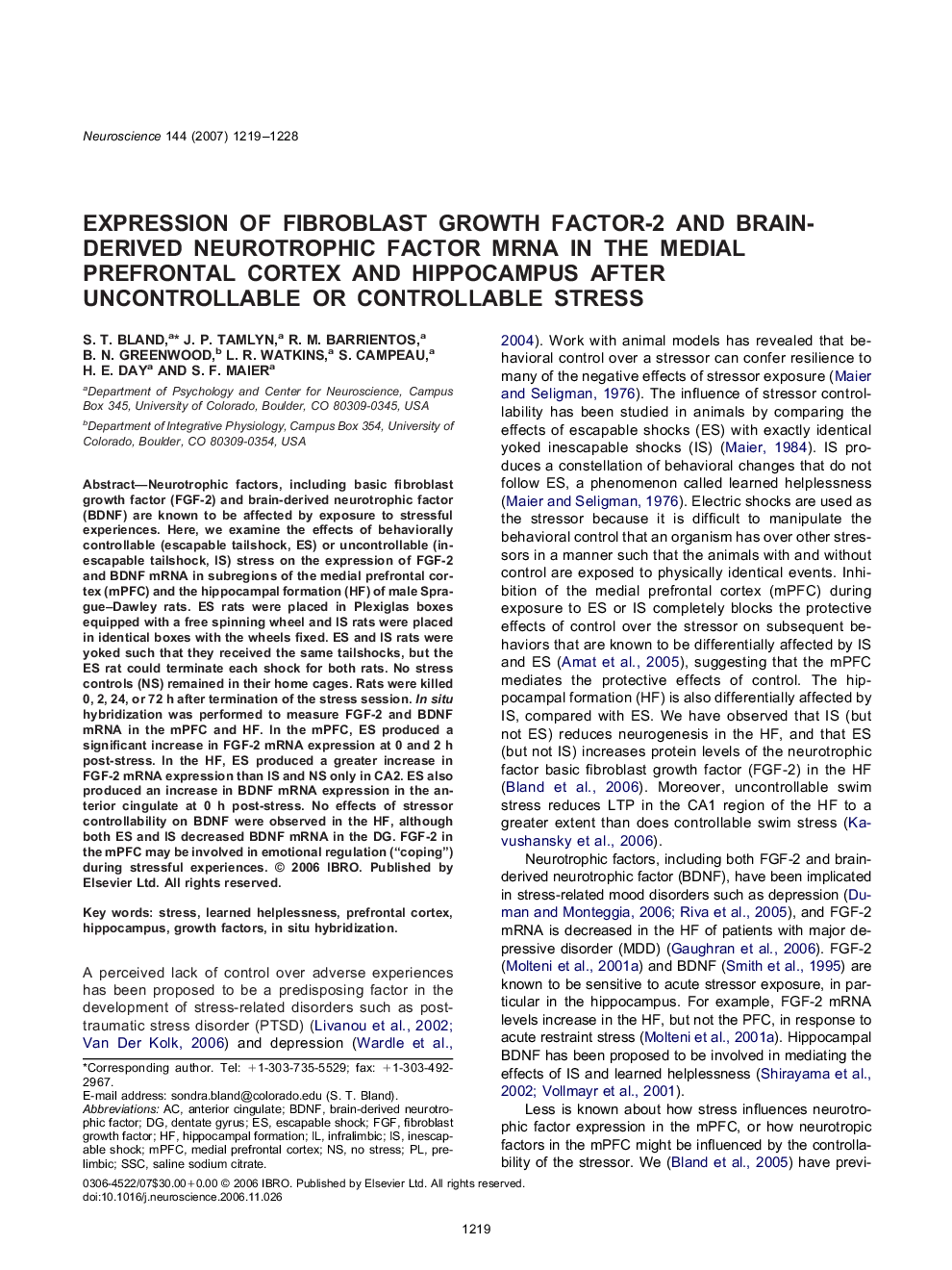 Expression of fibroblast growth factor-2 and brain-derived neurotrophic factor mRNA in the medial prefrontal cortex and hippocampus after uncontrollable or controllable stress