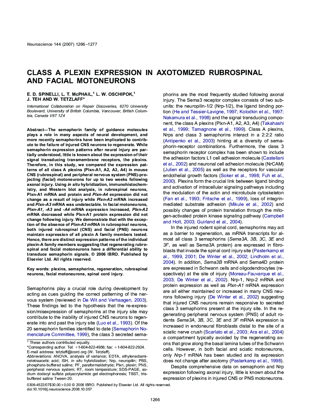 Class A plexin expression in axotomized rubrospinal and facial motoneurons