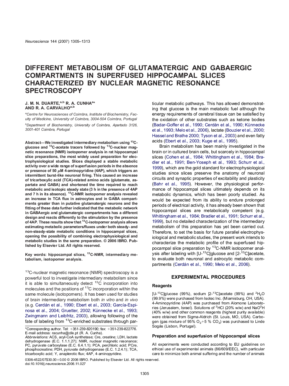 Different metabolism of glutamatergic and GABAergic compartments in superfused hippocampal slices characterized by nuclear magnetic resonance spectroscopy