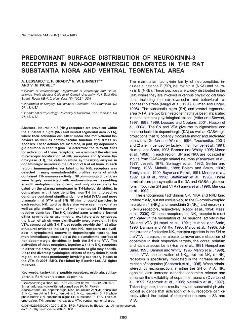 Predominant surface distribution of neurokinin-3 receptors in non-dopaminergic dendrites in the rat substantia nigra and ventral tegmental area