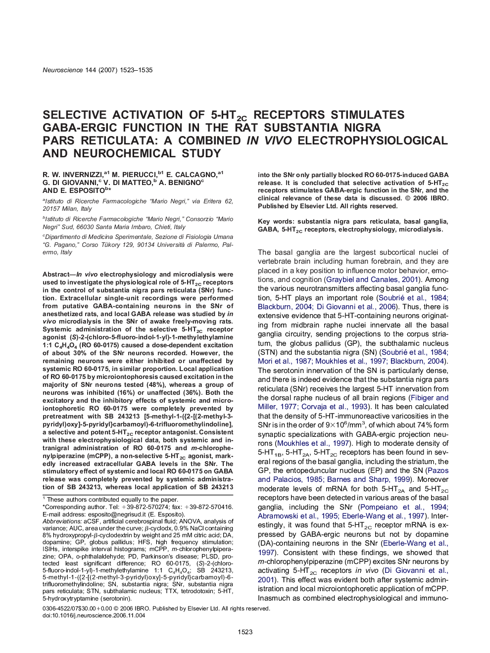 Selective activation of 5-HT2C receptors stimulates GABA-ergic function in the rat substantia nigra pars reticulata: A combined in vivo electrophysiological and neurochemical study