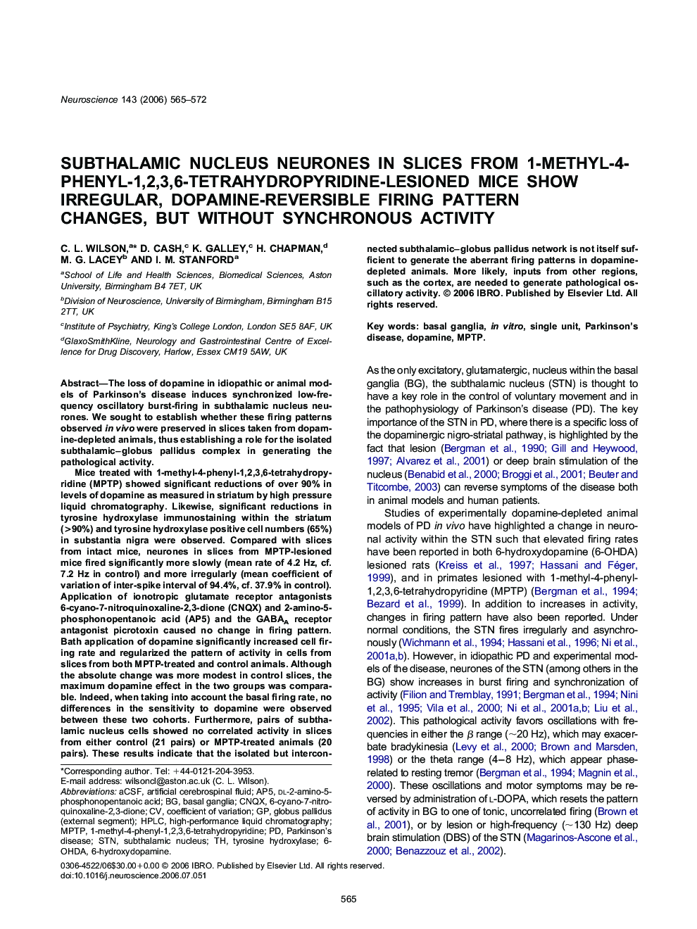 Subthalamic nucleus neurones in slices from 1-methyl-4-phenyl-1,2,3,6-tetrahydropyridine-lesioned mice show irregular, dopamine-reversible firing pattern changes, but without synchronous activity