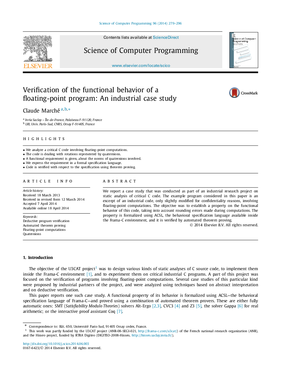 Verification of the functional behavior of a floating-point program: An industrial case study